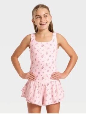 All In Motion Girls' Active Floral Printed Twist-Back Crop Tank Top Light Pink L